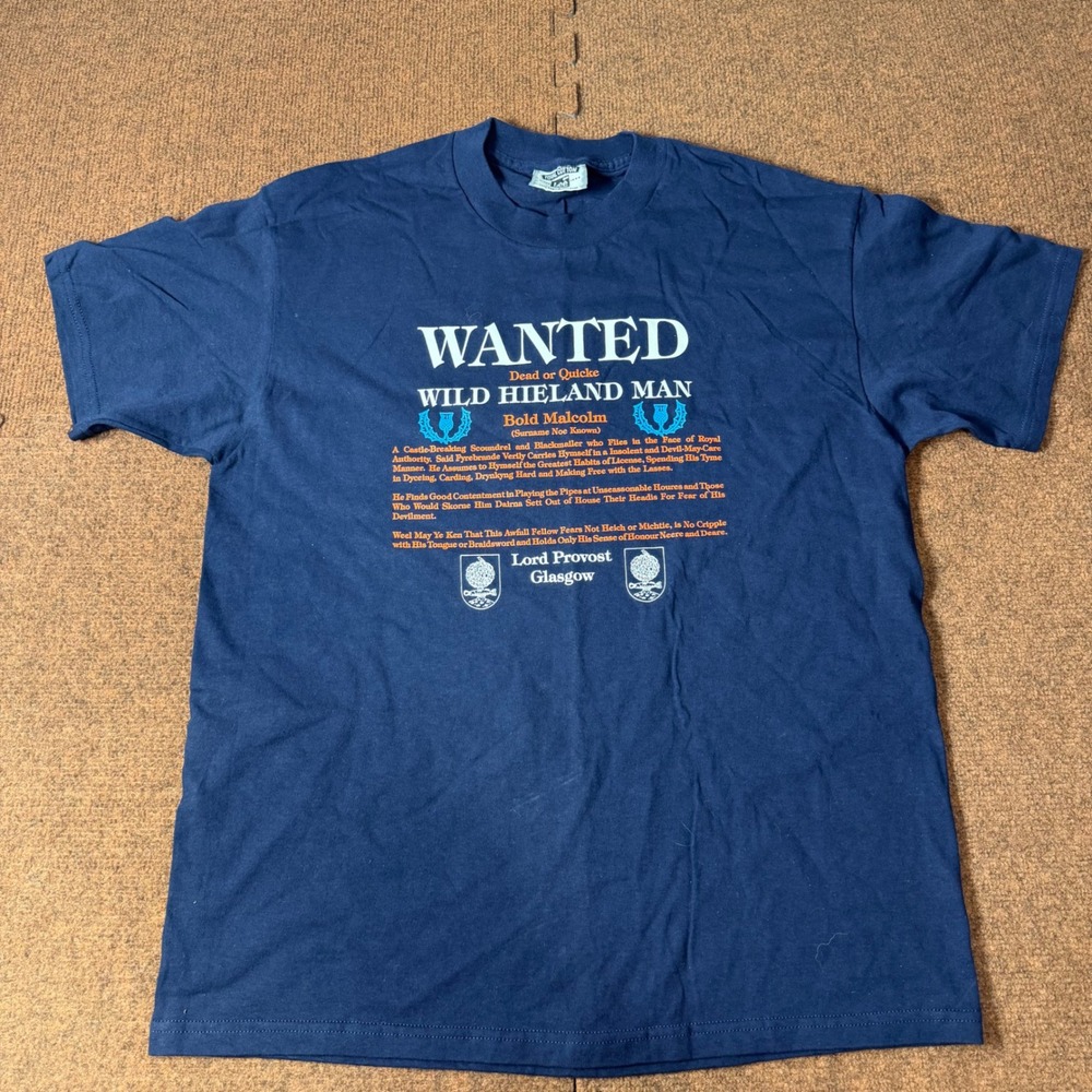 Vintage Lee Total Cotton Wanted Wild Hieland Man Shirt Blue Large Made in USA